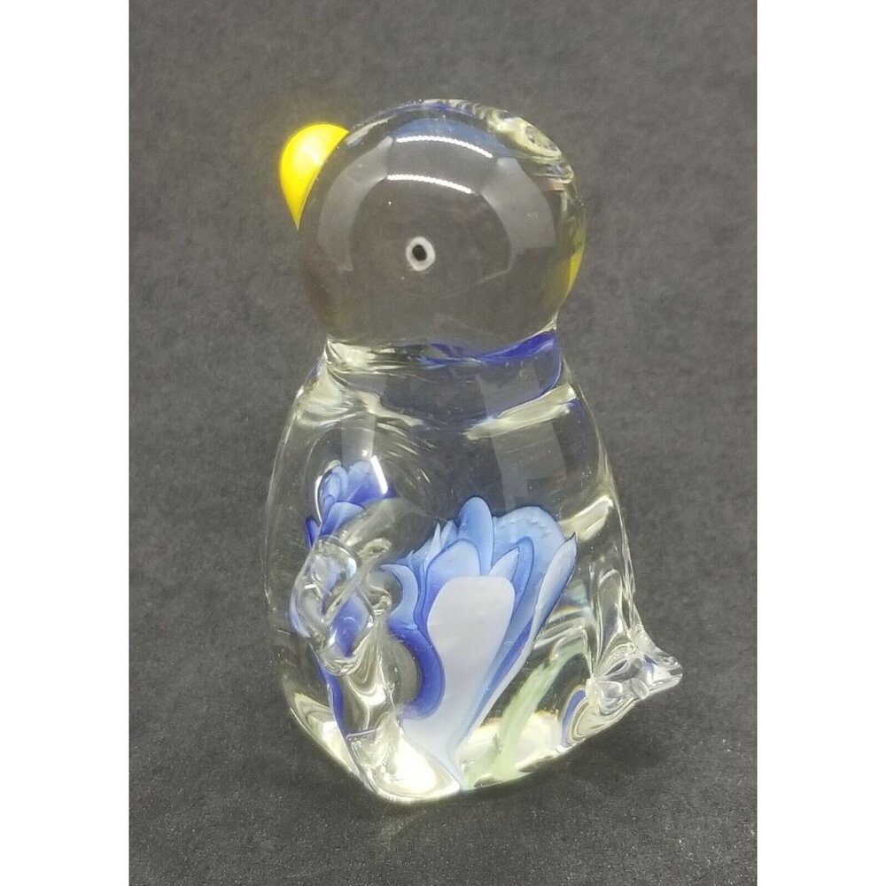 Hand Blown Art Glass Penguin with Blue Lamp Work Flower Inside